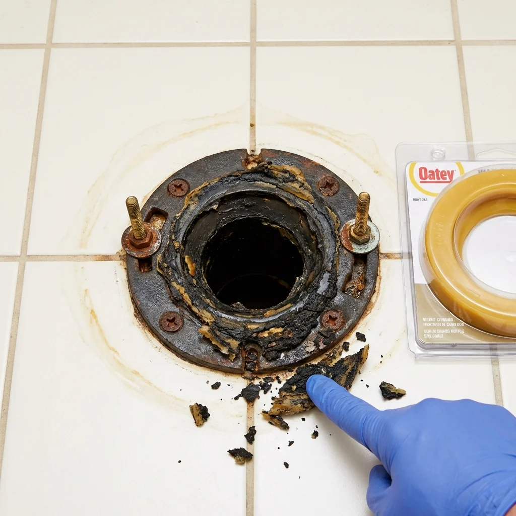 Failed wax ring showing water seepage at the base of a toilet in a Fremont, MI home