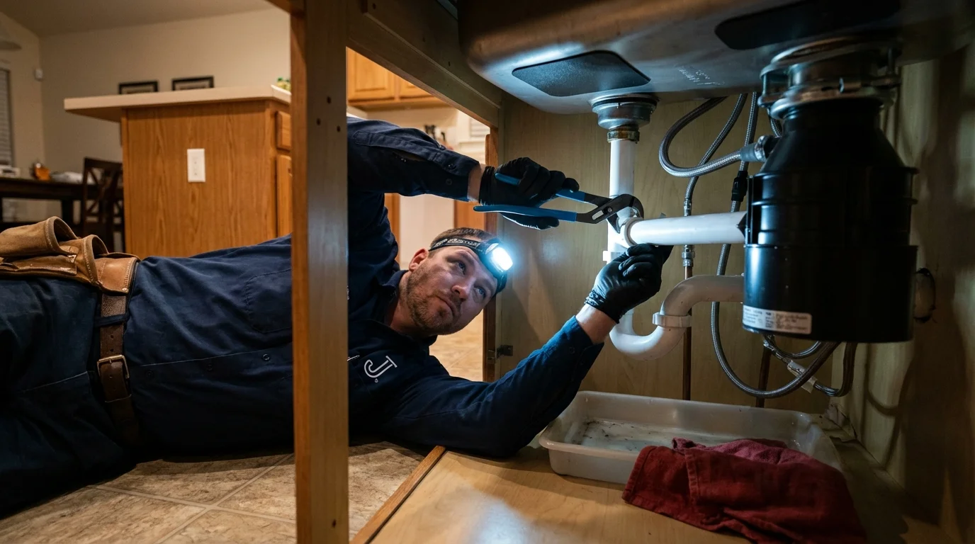 P-trap and supply line connections under a kitchen sink showing a common leak point in Fremont, MI